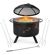 BIRDROCK HOME Round Patio Fire Pit with Cover - Stars & Moon Pattern - 30 Inch - Outdoor Backyard...