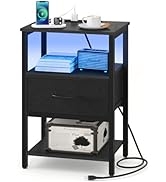 Yoobure Side Table with Storage, LED Night Stand with Charging Station, End Tables Living Room, N...